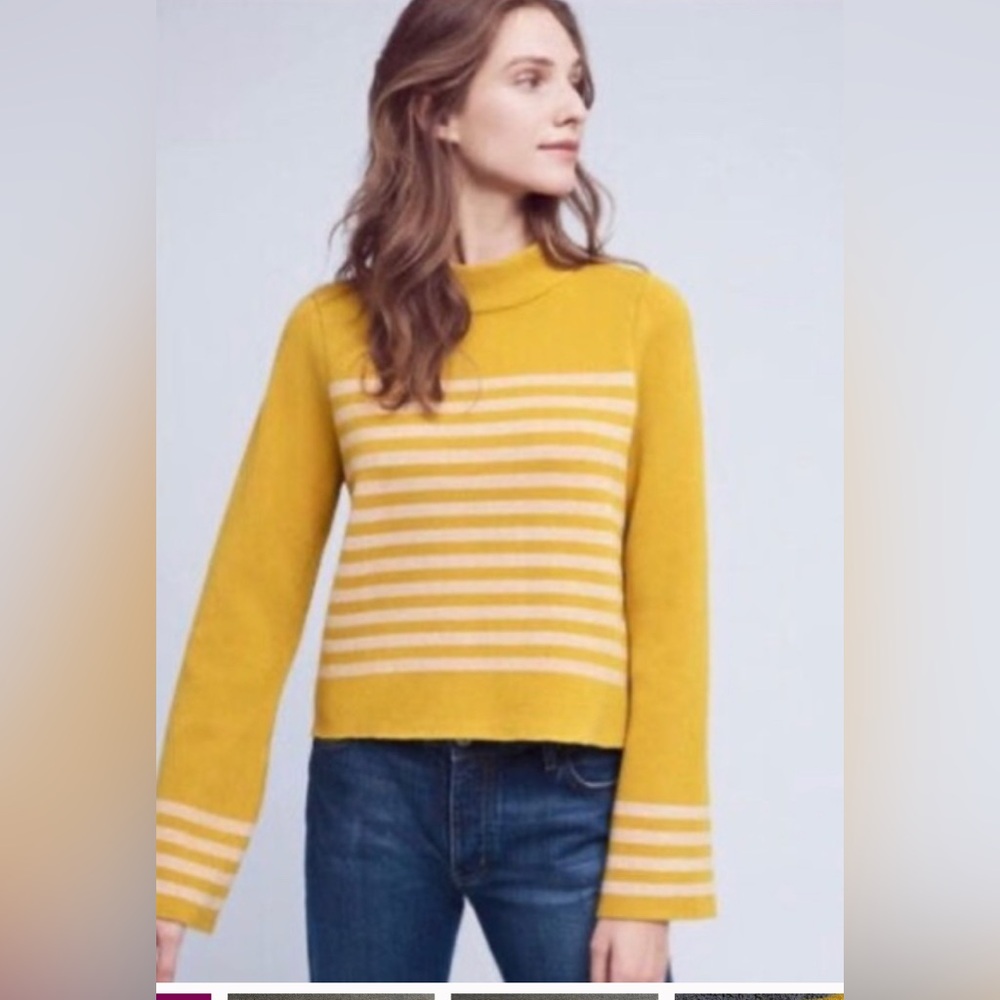 VGUC Anthropologie brand Moth bell
sleeve sweater in mustard w light pink stripe